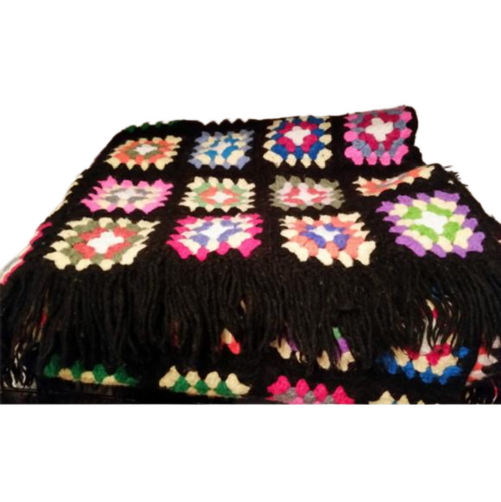 Vintage handmade afghan cozy blanket black flowers